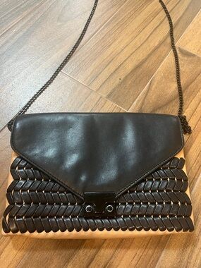 Loeffler Randall Black and Beige Braided-Panel Crossbody